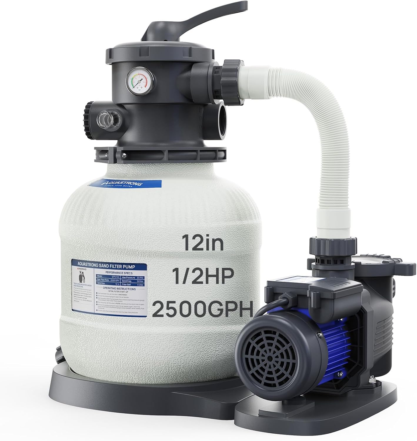 AQUASTRONG Sand Filter Pump for Above Ground Pool, 1/2 HP Pool Pump Above Ground 2500 GPH for Pools up to 9000GAL, 12in Pool Sand Filter with 6-Way Valve, Improved Circulation for Crystal-Clear Pool