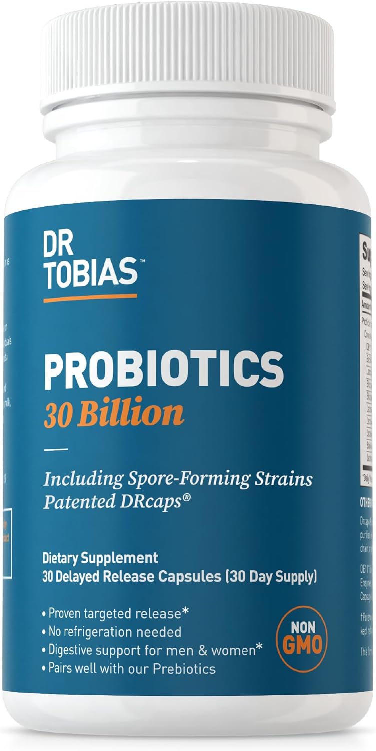Dr. Tobias Probiotics 30 Billion, 10 Strains, 30 Billion CFU's, Targeted Release Probiotics for Women & Men, Supports Digestive Health, Shelf-Stable, Non-GMO, 30 Capsules, 30 Servings