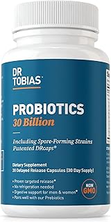 Dr. Tobias Probiotics 30 Billion, 10 Strains, 30 Billion CFU's, Targeted Release Probiotics for Women & Men, Supports Digestive Health, Shelf-Stable, Non-GMO, 30 Capsules, 30 Servings