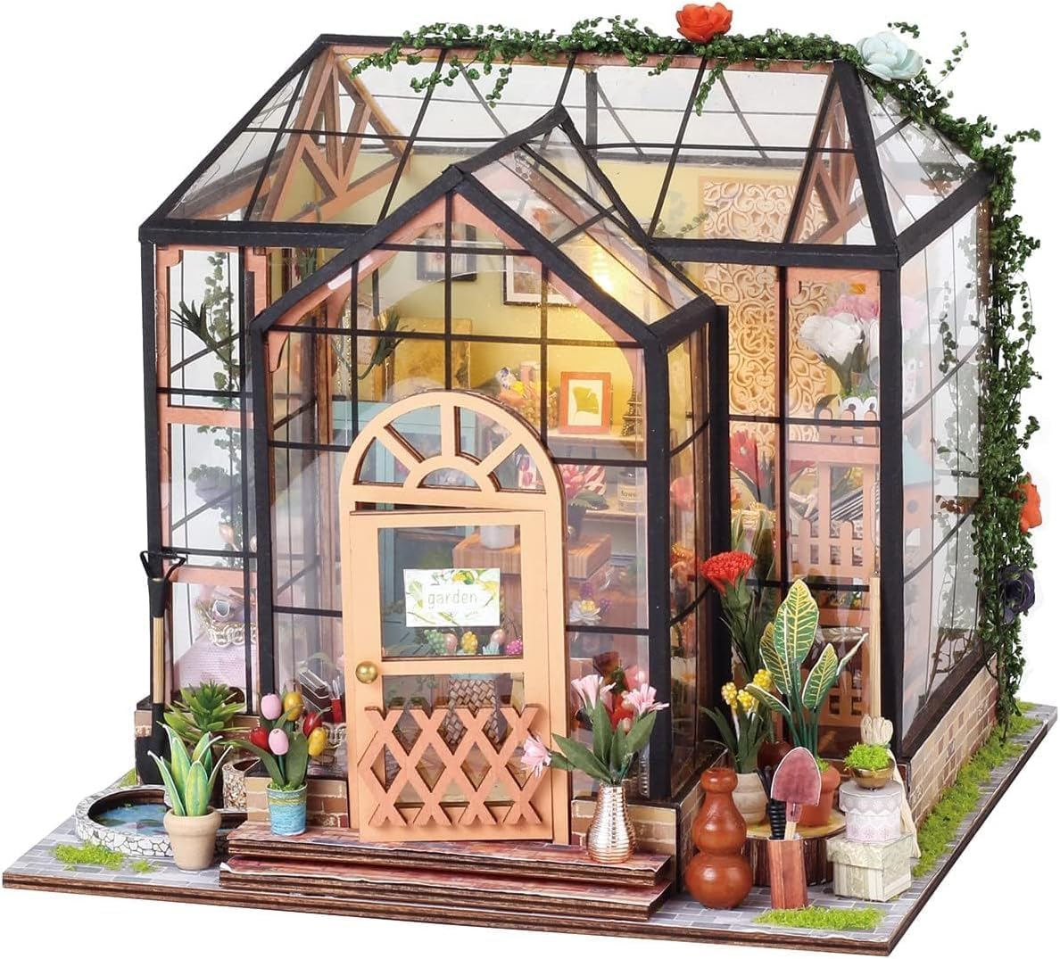 DIY Miniature Greenhouse Kit, Tiny House for Adults to Build, Mini House DIY Kit with Furnitures, Halloween/Christmas Decorations/Gifts for Family and Friends
