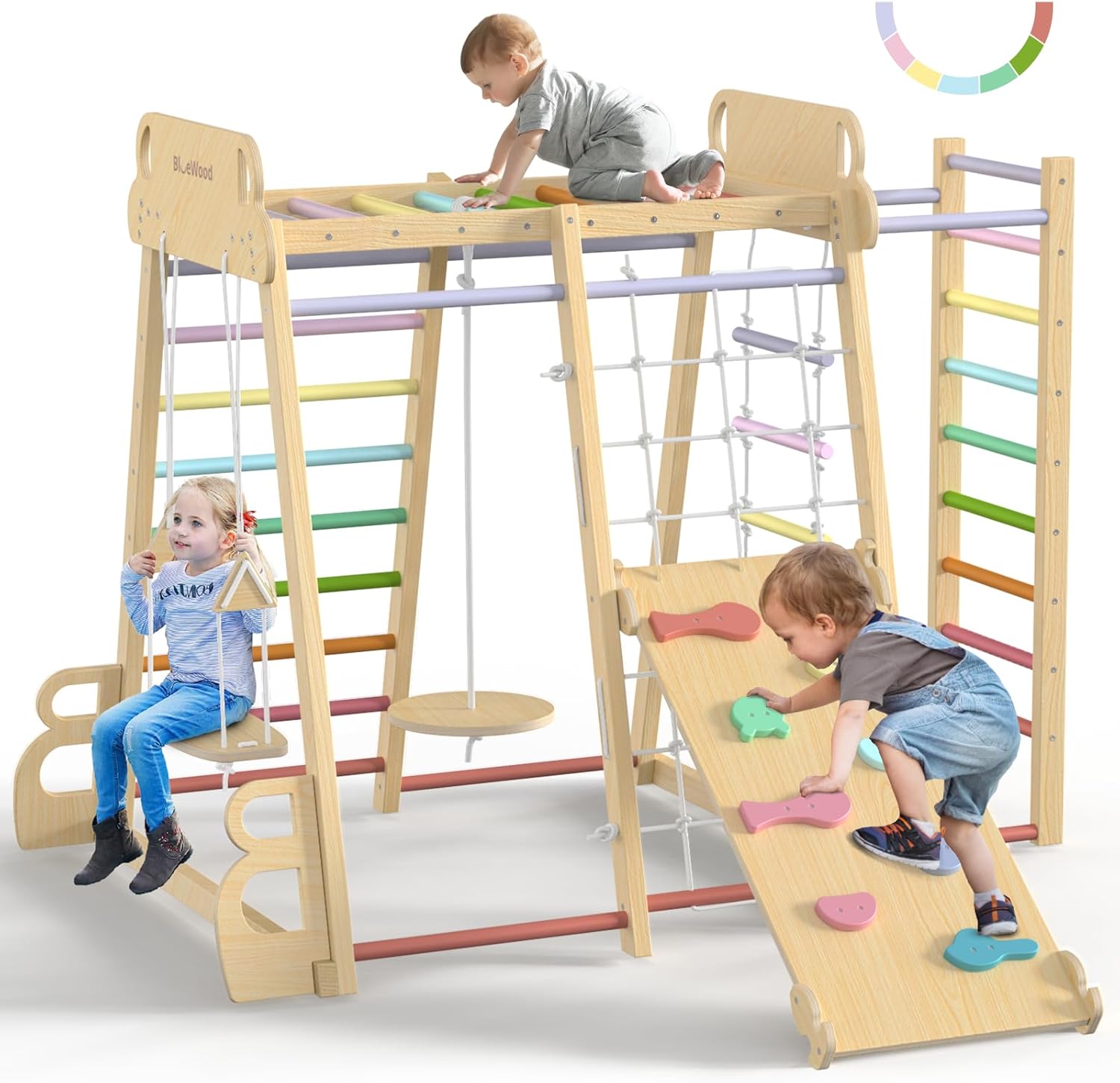 Upgraded Indoor Playground 9-in-1 Jungle Gym Kids Climbing Toys, Montessori Philosophy Waldorf Style Wooden Climber Playset with Slide, Swing, Monkey Bars, Upright/Rope Ladder, Climb Net, Rainbow
