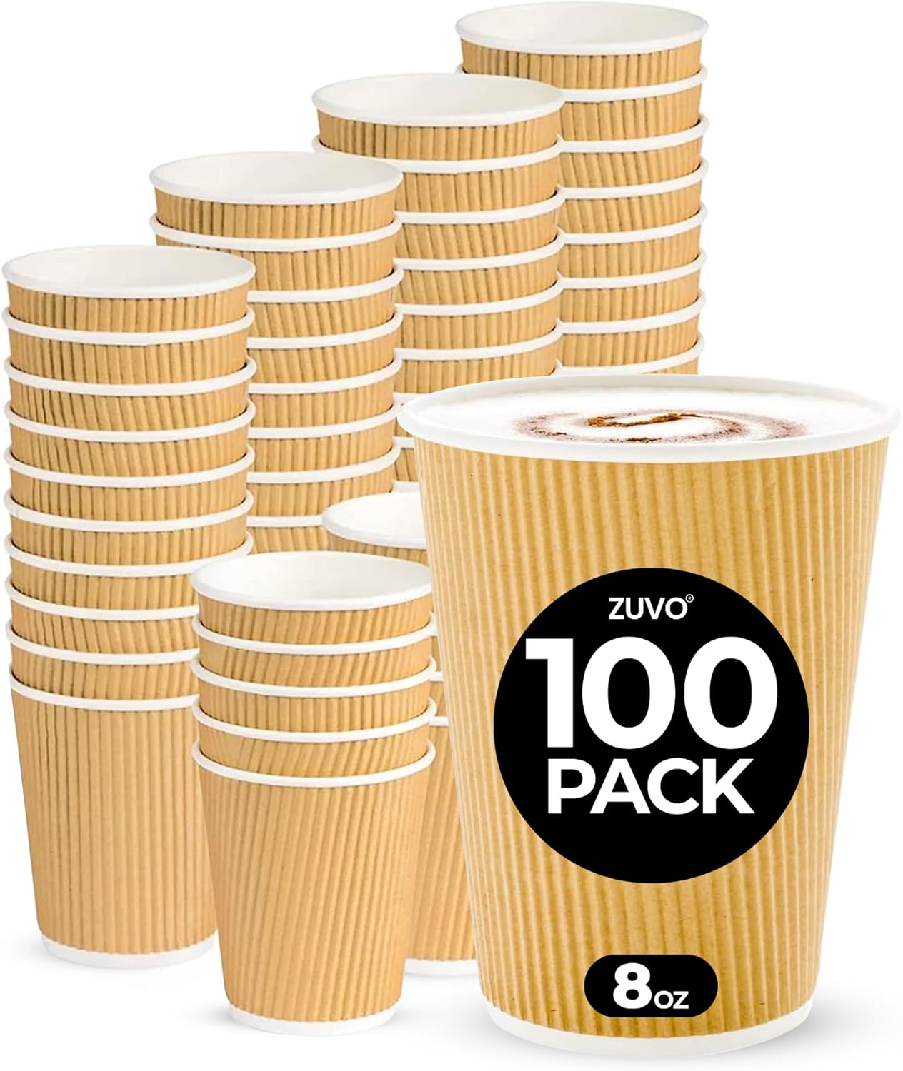 Zuvo Coffee Cups 8 OZ - NO Lids - 100 Disposable Brown Ripple Coffee Cups - Ideal for Takeaways