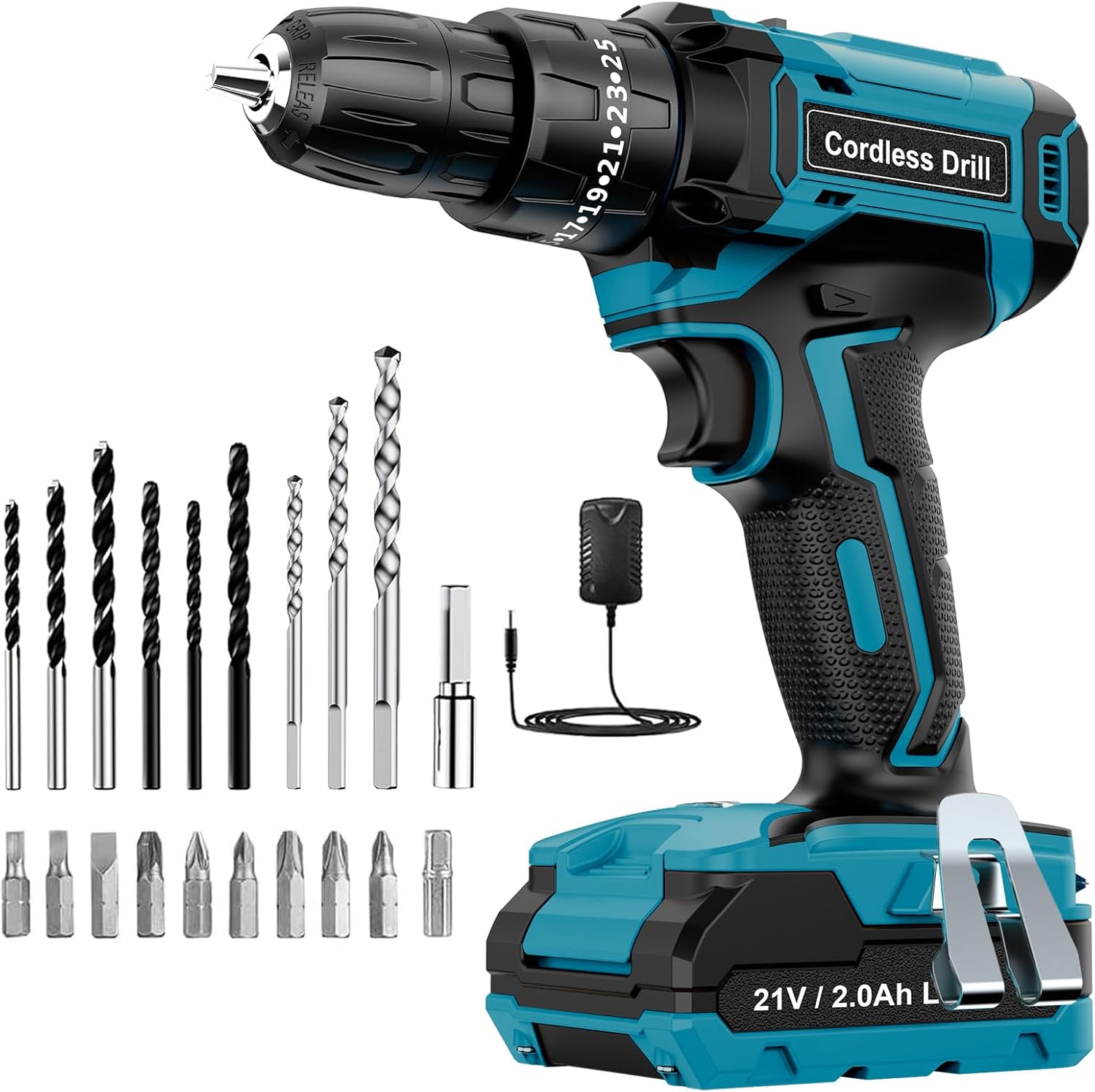Cordless Drill Driver 21V, LEEIKOO Cordless Hammer Drill Set, 42N.m Battery Drill, 25+3 Torque Set, 2-Speed, LED Light, 2.0AH Battery, 24PCS Electric Drill Set for Home and Garden DIY Project