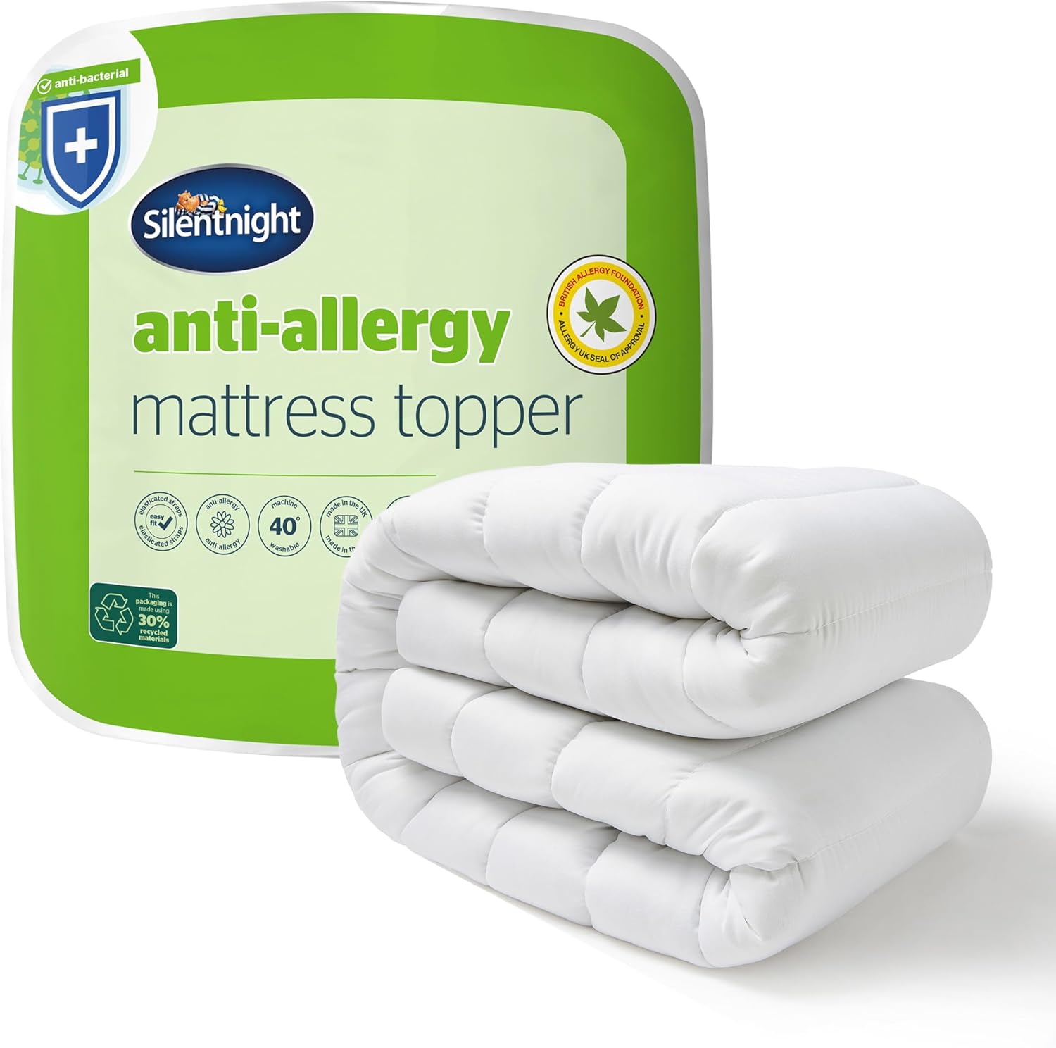Silentnight Anti-Allergy Single Mattress Topper - Thick Deep Mattress Pad Protecting Against Allergies and Dust Mites - Hypoallergenic and Machine Washable - Single Bed,White