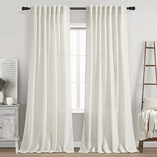 Cream Linen Back Tab Curtains 84 Inch Length for Living Room 2 Panel Set Neutral Modern Farmhouse Window Privacy Semi Sheer Linen Drapes Rustic Pinch Pleated Look Curtain Natural Ivory Colored