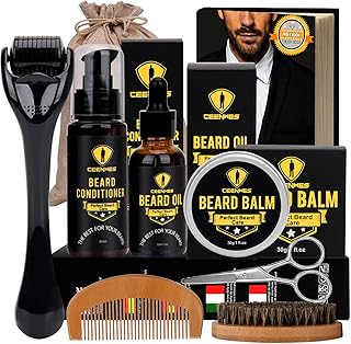 Ceenwes Upgraded Beard Grooming Kit - Conditioner, Oil, Brush, Comb, Balm, Scissors, Storage Bag for Beard and Mustache Trimming, Perfect Men's Gift