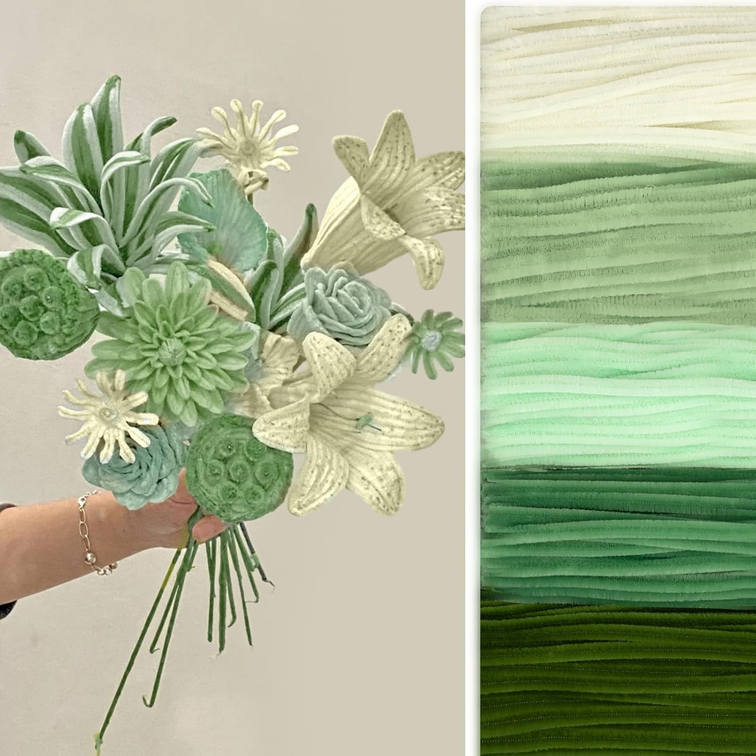 Peryiter 500 Pieces Pipe Cleaners Chenille Stems for Flowers Craft Supplies Bulk Fluffy Fuzzy Sticks for DIY Art Projects Creative Gift Wrapping Party Decorations(Boho Green,12 Inch)