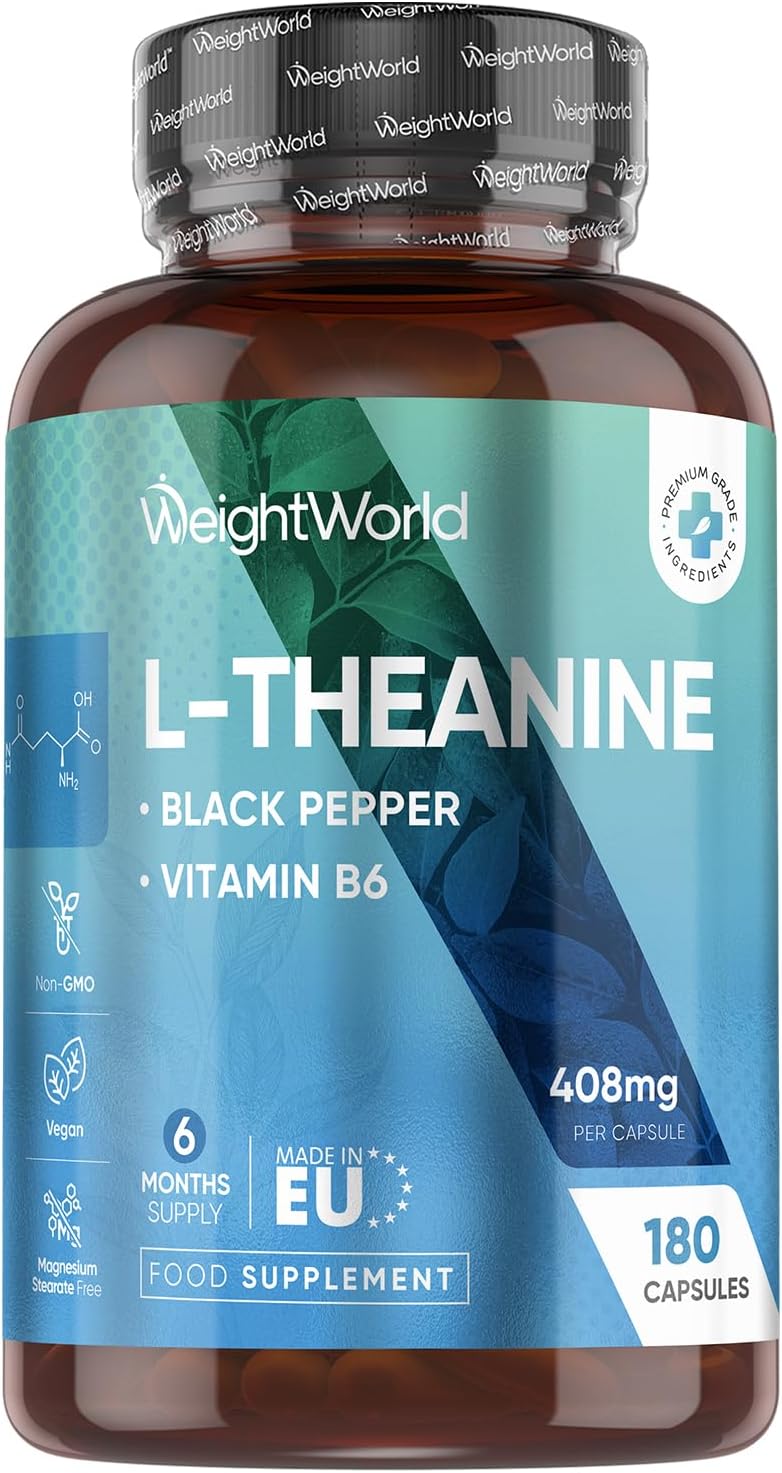 WeightWorld L-Theanine Supplement | 408mg Vegan Capsules | 6 Months Supply | with Added Vitamin B6 (0.5mg) & Black Pepper Extract (8mg) | 1 Capsule a Day | Non-GMO & Gluten-Free