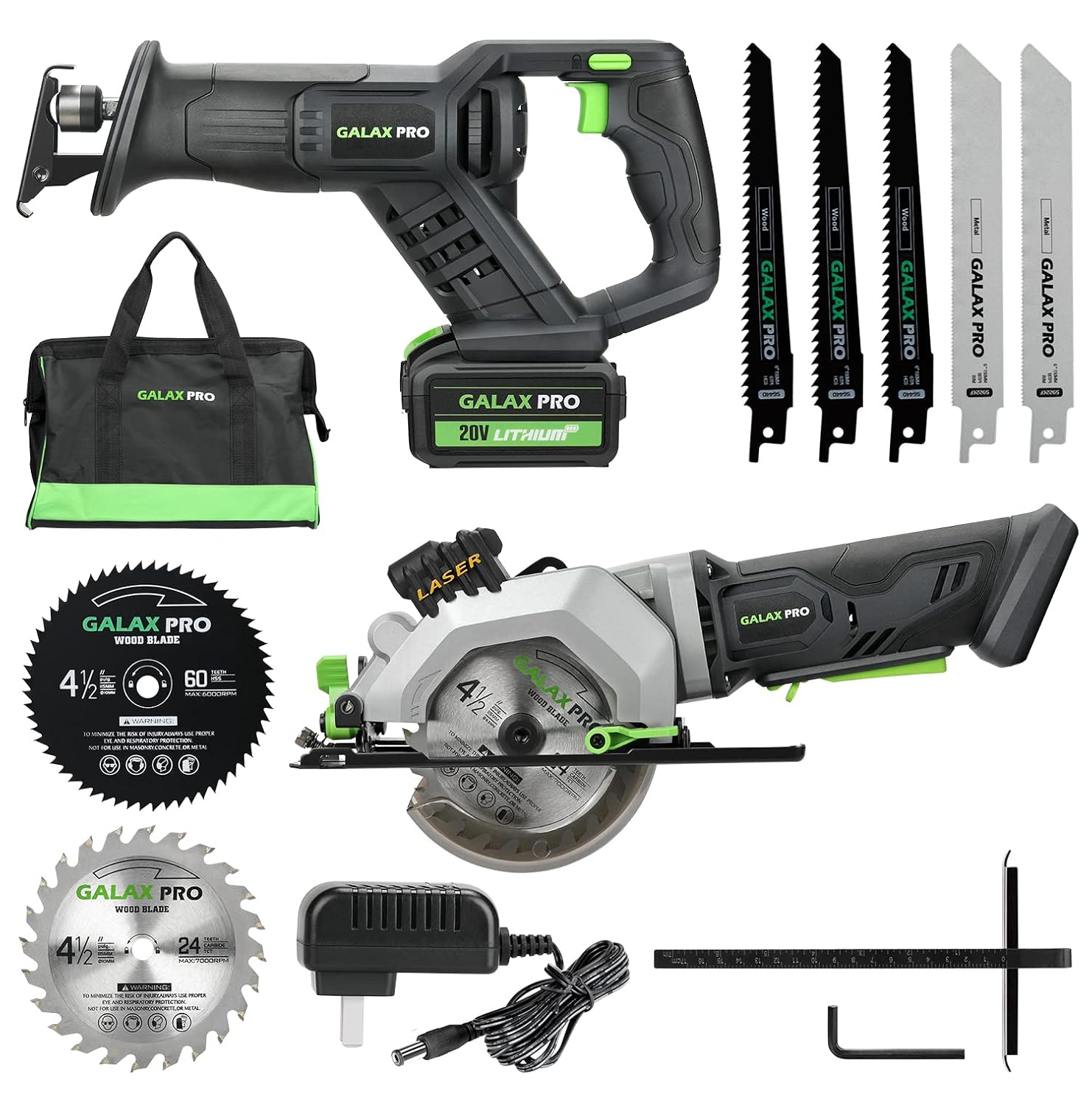 GALAX PRO Cordless Circular and Reciprocating Saw Combo Kit with 1pcs 4.0Ah Lithium Battery and One Charger, 7 Saw Blades and Tool Bag