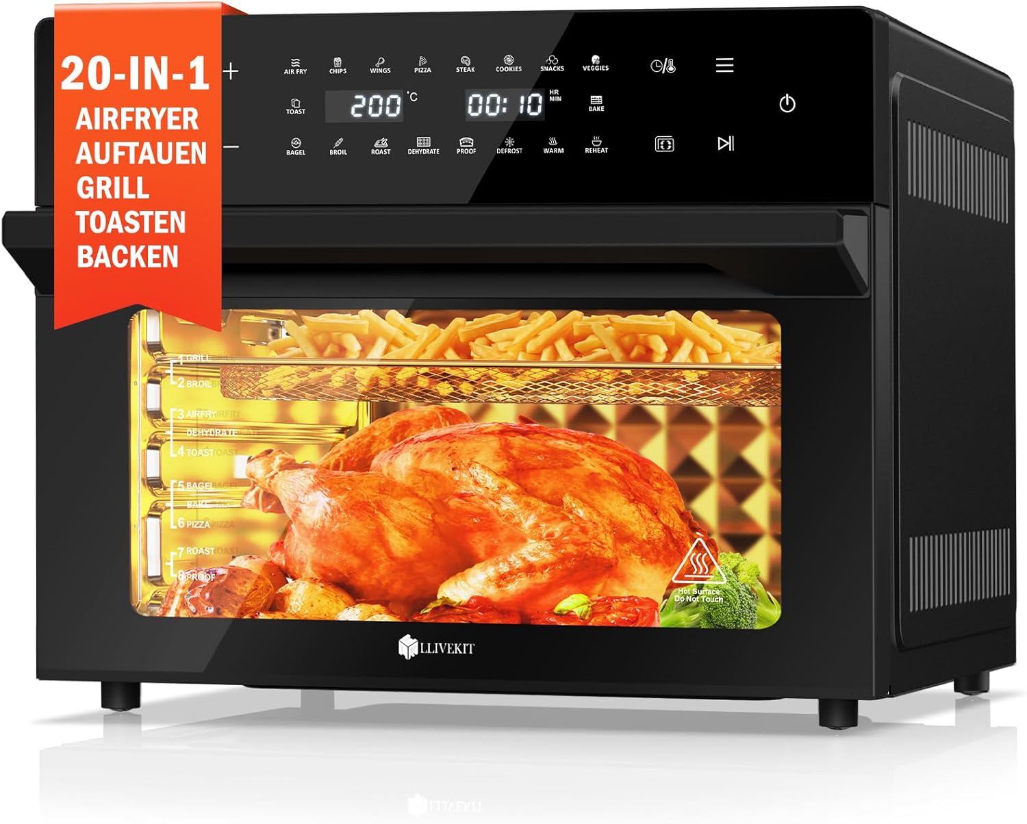 30L Air Fryer Oven XXL with Rotisserie, Mini Oven with 20 Programs, 9 Accessories, LED Touchscreen, Stainless Steel Liner, Double-layered Glass Door, Recipe Book