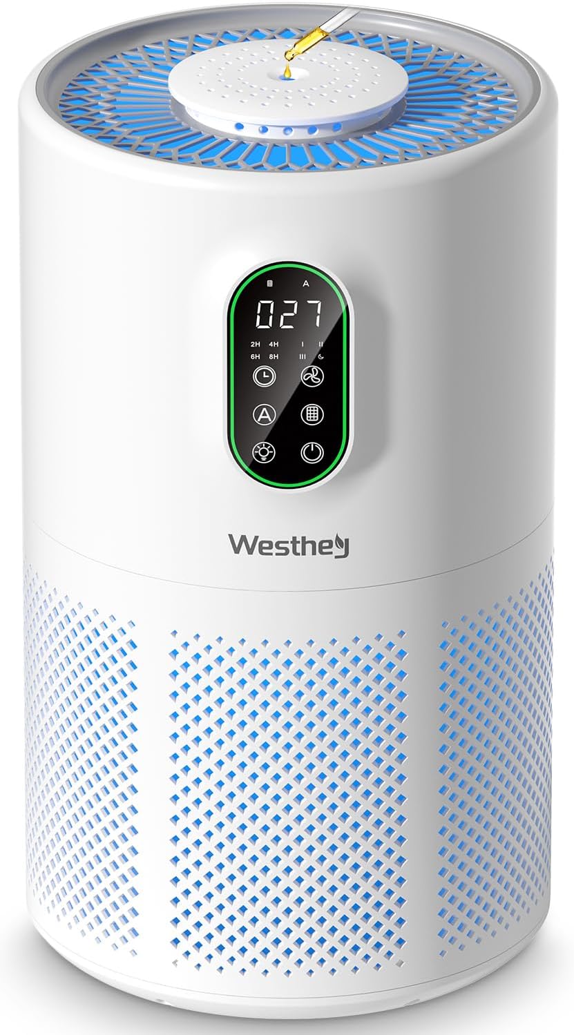 Air Purifiers for Home Large Room up to 1650 ft², WESTHEY H13 True HEPA Air Purifier for Bedroom with Night Light, Air Quality Monitor, Fragrance Sponge, Air Cleaner for Wildfire Smoke Dander Dust