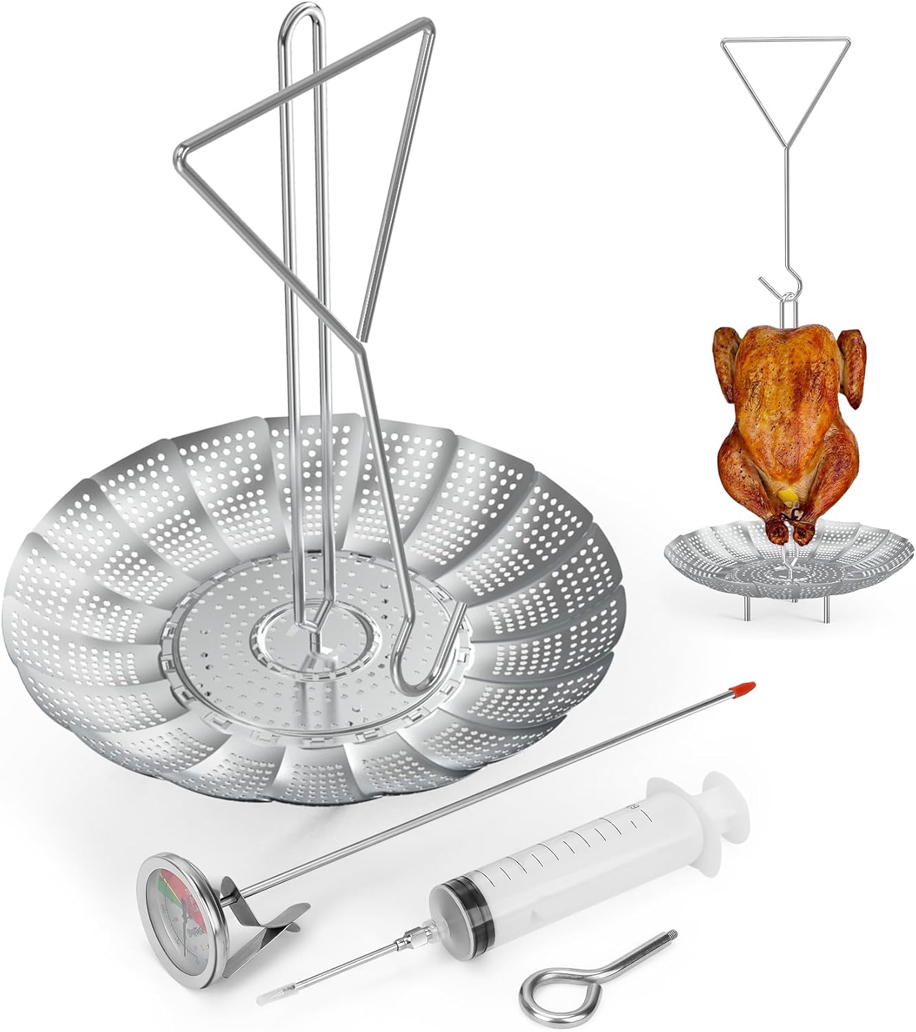 Onlyfire Chef Turkey Fryer Accessory Kit, Stainless Steel Chicken Holder with Handle Lifter Hook, Seasoning Injector, Drip Pan and Thermometer for Deep Fry Pot