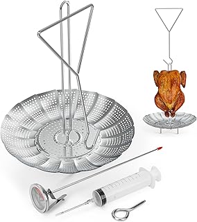 Onlyfire Chef Turkey Fryer Accessory Kit, Stainless Steel Chicken Holder with Handle Lifter Hook, Seasoning Injector, Drip Pan and Thermometer for Deep Fry Pot