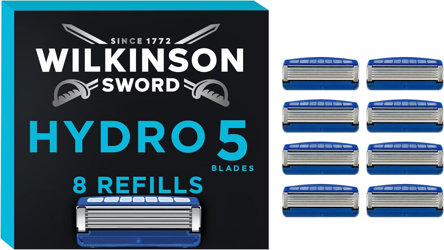 Wilkinson Sword Hydro 5 Men’s Razor Refills, Great Addition to Wash Bags for Men's Grooming, Great Shavers for Routine Shaving and Holidays, 8 Refill Razor Blades Pack