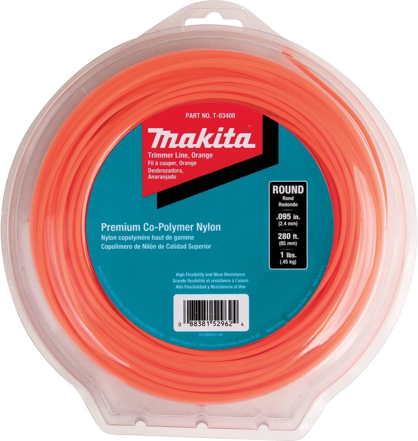 Makita T-03408 Round Trimmer Line, 0.095”, Orange, 280’, 1 lbs.