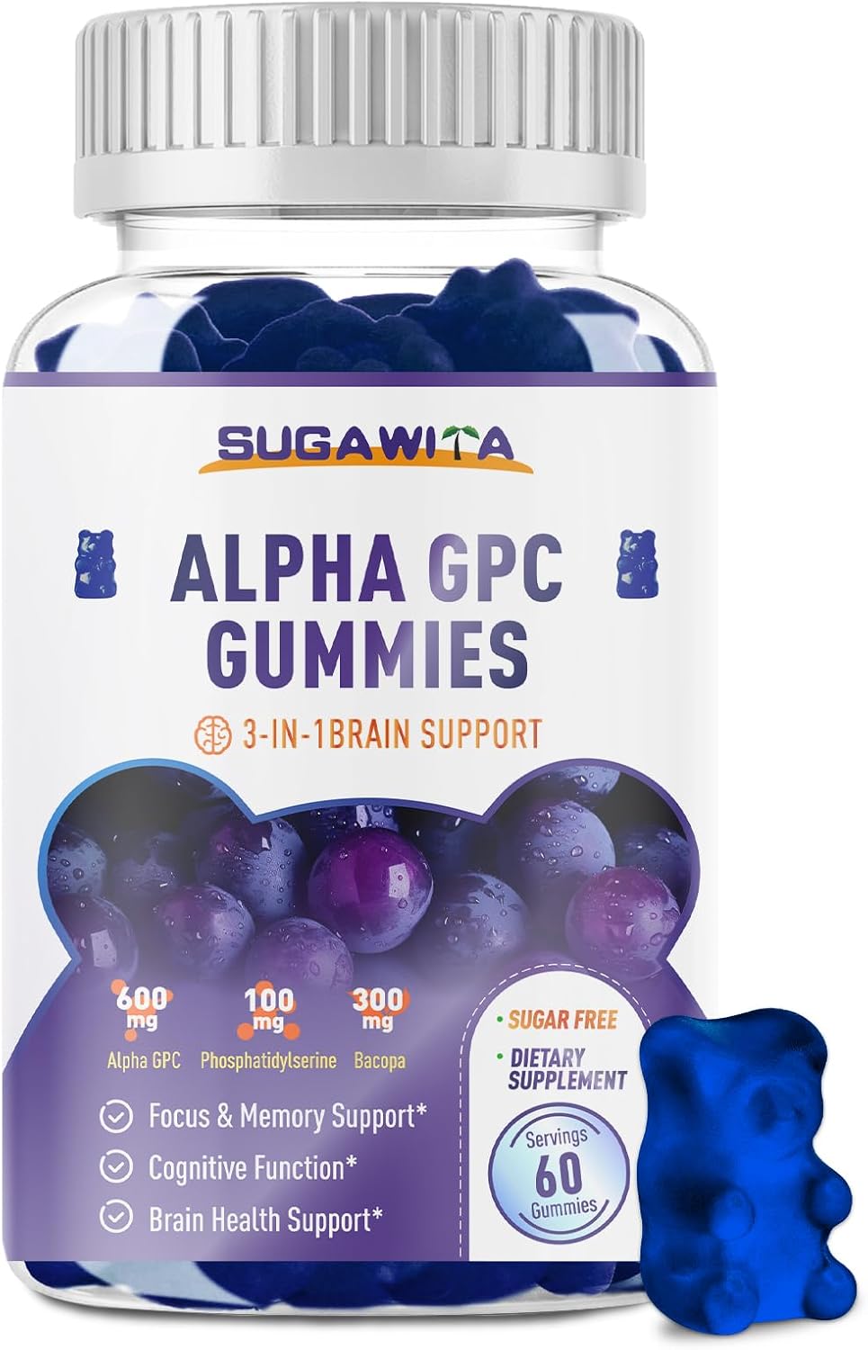 Alpha GPC Choline Gummies 600mg with Phosphatidylserine & Bacopa – 3-in-1 Brain Support for Memory, Focus & Long-Term Cognitive Health – Sugar-Free, Natural Formula, 60 Count
