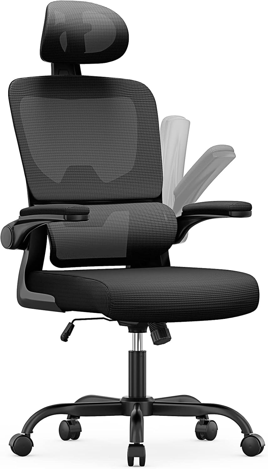 naspaluro Ergonomic Office Chairs with Lumbar Support, High Back Home Office Desk Computer Chairs, Adjustable Headrest and Flip-up Armrests, Swivel Mesh Task Chair-Black Chair