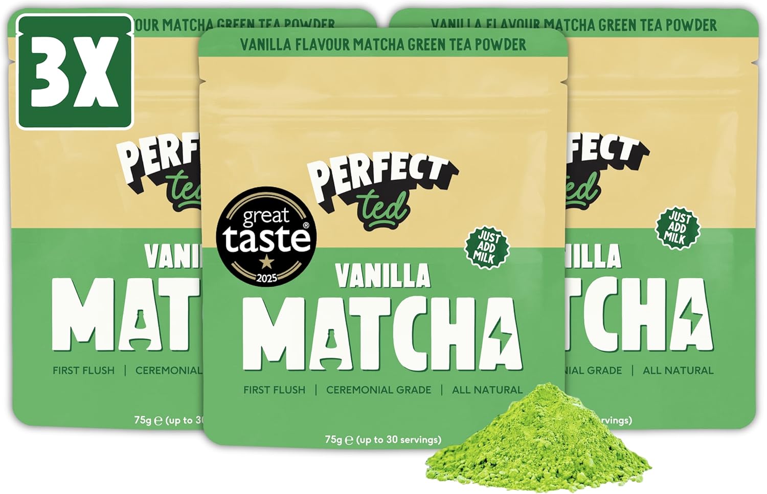Perfect Ted | Vanilla Bean 3 x 75g | Ceremonial Grade Latte Powder | Japanese Matcha Tea Powder | Matcha Fuel (90 Servings)