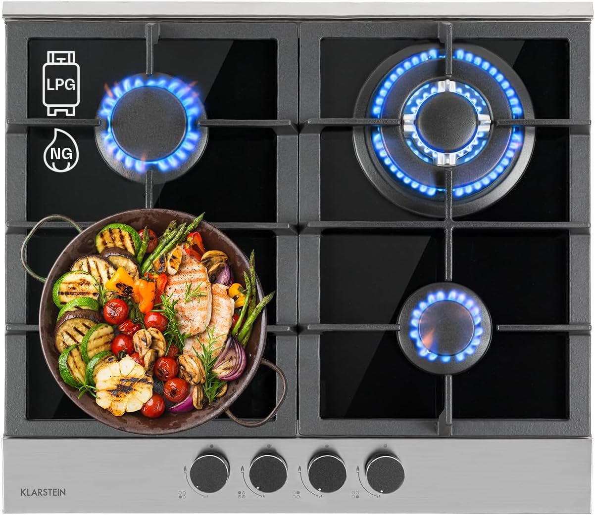 Klarstein Gas Cooker, 4 Burners Gas Hob, 8.0 kW Built In Four Ring Electric Hob, Campervan Cooktops Gas Cookers, Stainless Steel Glass Top Wok Burner, 4 Ring Kitchen Stoves Cooker Gas Burners Units