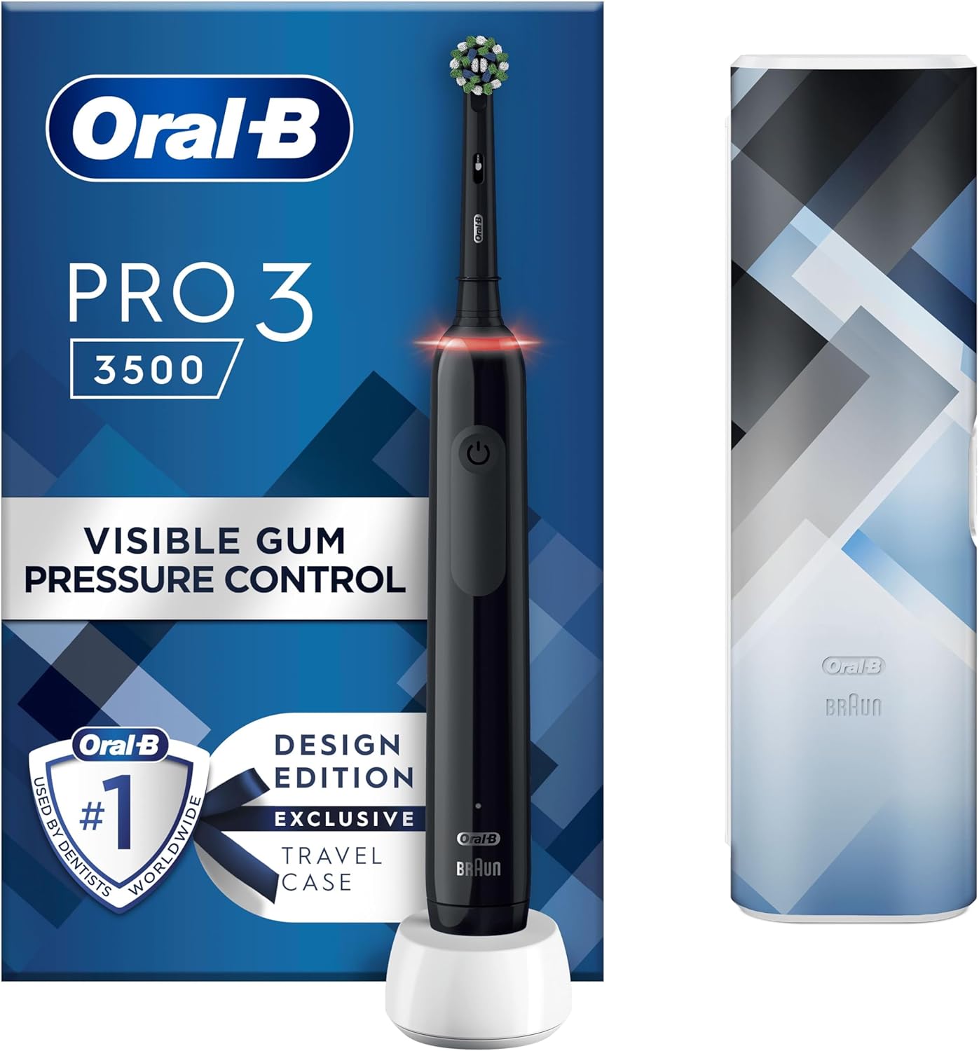 Oral-B Pro 3 Electric Toothbrush For Adults, 1 Cross Action Toothbrush Head & Mondrian Travel Case, 3 Modes with Teeth Whitening, 2 Pin UK Plug, 3500