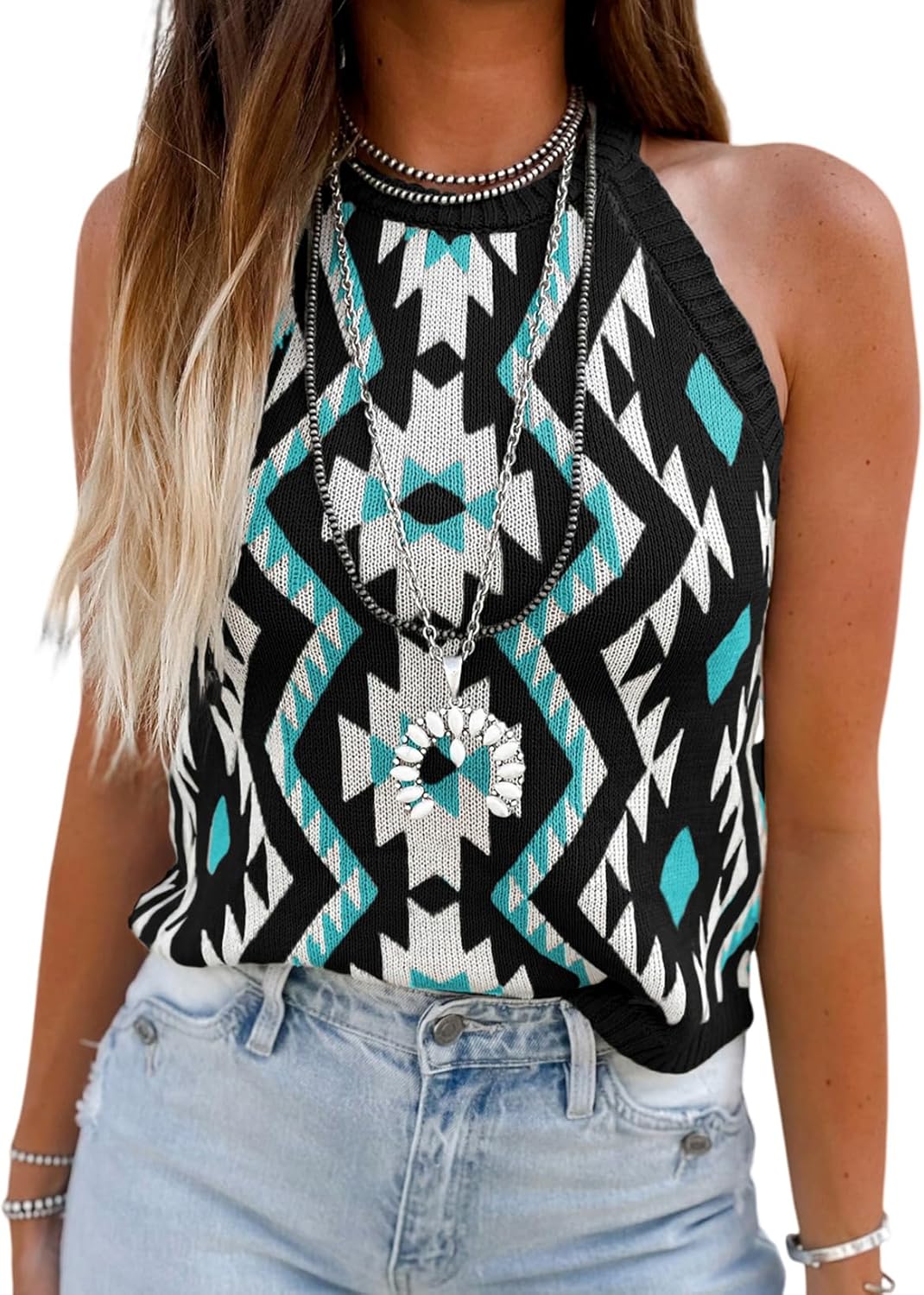 MARZXIN Women Sleeveless Sweater Tank Round Neck Casual Aztec Geometric Knit Sweater Top