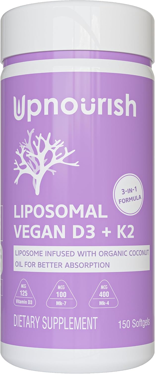 UpNourish Certified Vegan Vitamin D3 5000 IU K2 MK4 MK7 500 mcg Supplement, 150 Softgels, Plant Based Liposomal Vitamin D K with Organic Coconut Oil, Non GMO, Gluten and Gelatin Free