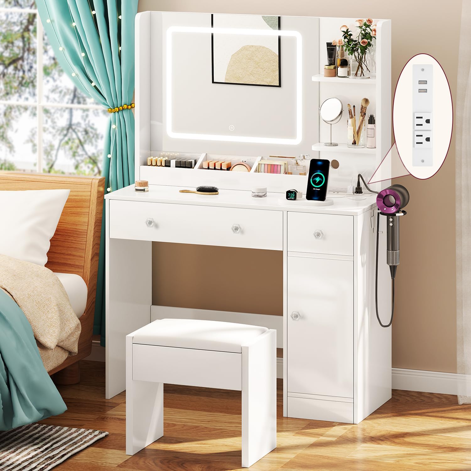 Makeup Vanity Desk with Mirror and Lights,Vanity Set with Mirror and Stool and Lights 3 Color,White Vanity Desk with Drawers,Make Up Table with Power Outlet,Dressing Table with Cabinet,Storage Shelves