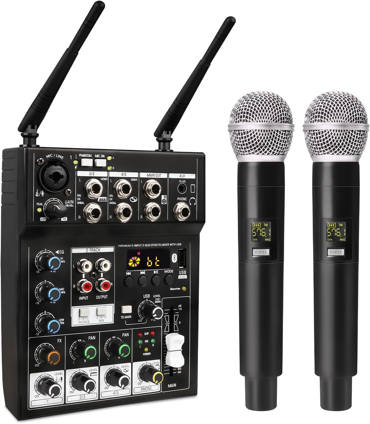 G-MARK Professional Karaoke Audio Mixer, 5 Channel Sound Mixer With Dual UHF Wireless Mic, Sound Board Console MP3 Bluetooth 48V Phantom Power USB Interface DJ Mixing for DJ Party Studio PC Recording