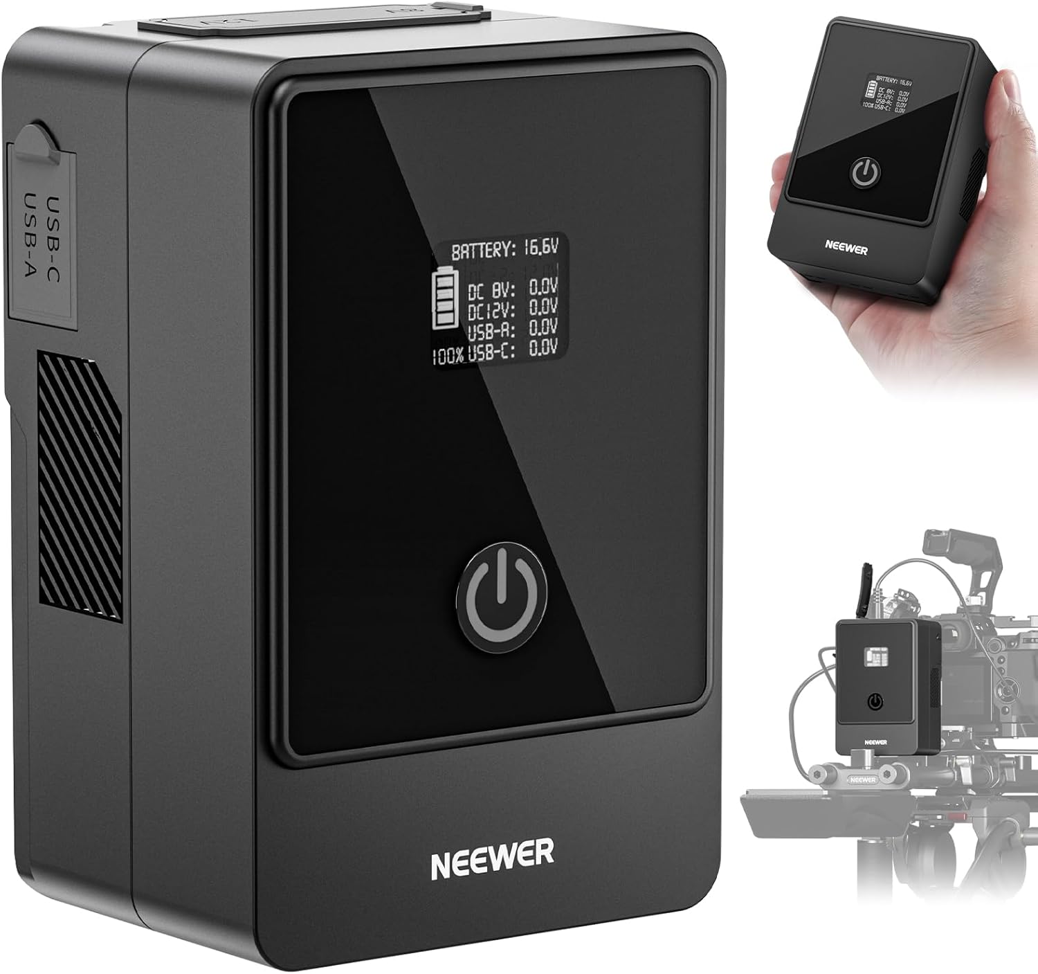 Neewer Mini V Mount Battery 6800mAh 99Wh 14.5V, Mini V Lock Battery with 65W PD Type C/D Tap/BP/USB A/Dual DC Port/OLED Display for Video Camera Camcorder Compatible with SmallRig BMPCC 4k 6k, PS099E