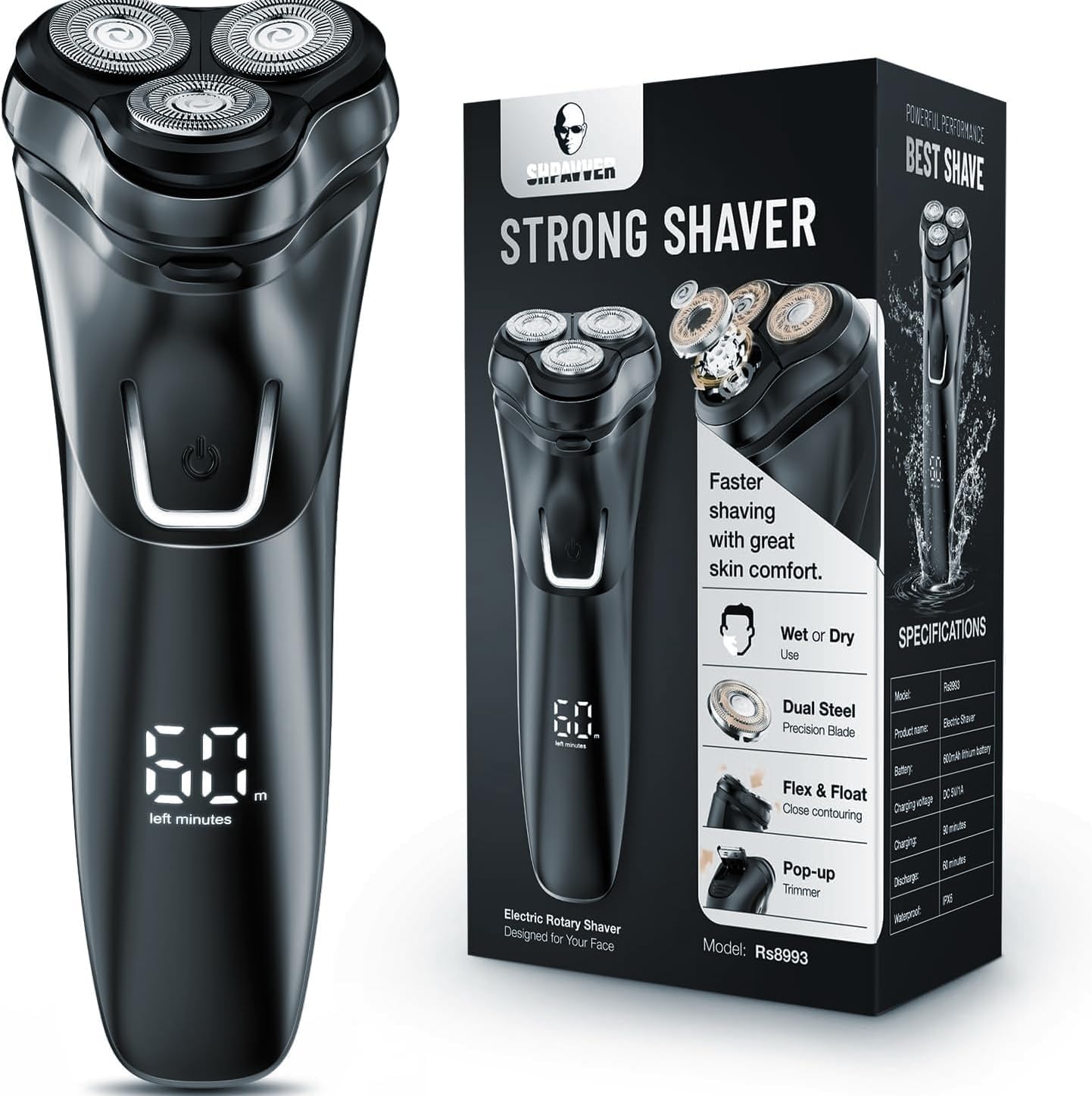 Electric Razor for Men Cordless: Wet/Dry Rotary Shaver Waterproof - USB Fast Charging & Sensitive Skin Care - Pop up Trimmer & Precision Blades Ink Black‌
