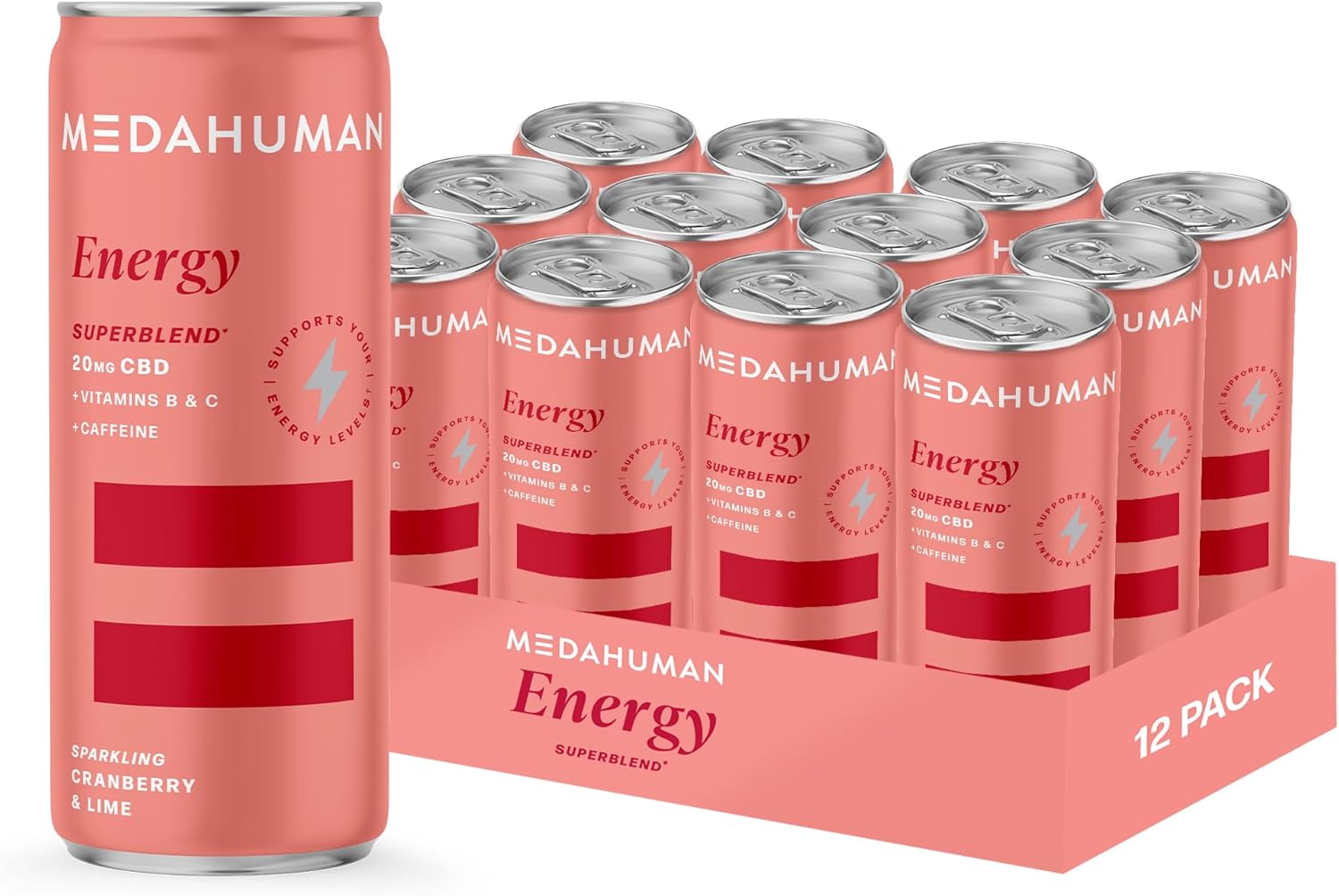 MEDAHUMAN CBD Drink (20mg), Energy, Cranberry & Lime, with Natural Caffeine, Ginseng, Vitamin C & B, Low Calorie, Vegan, Nootropic, Adaptogens & CBD Infused Clean Energy Drink (Pack of 12 x 250ml)