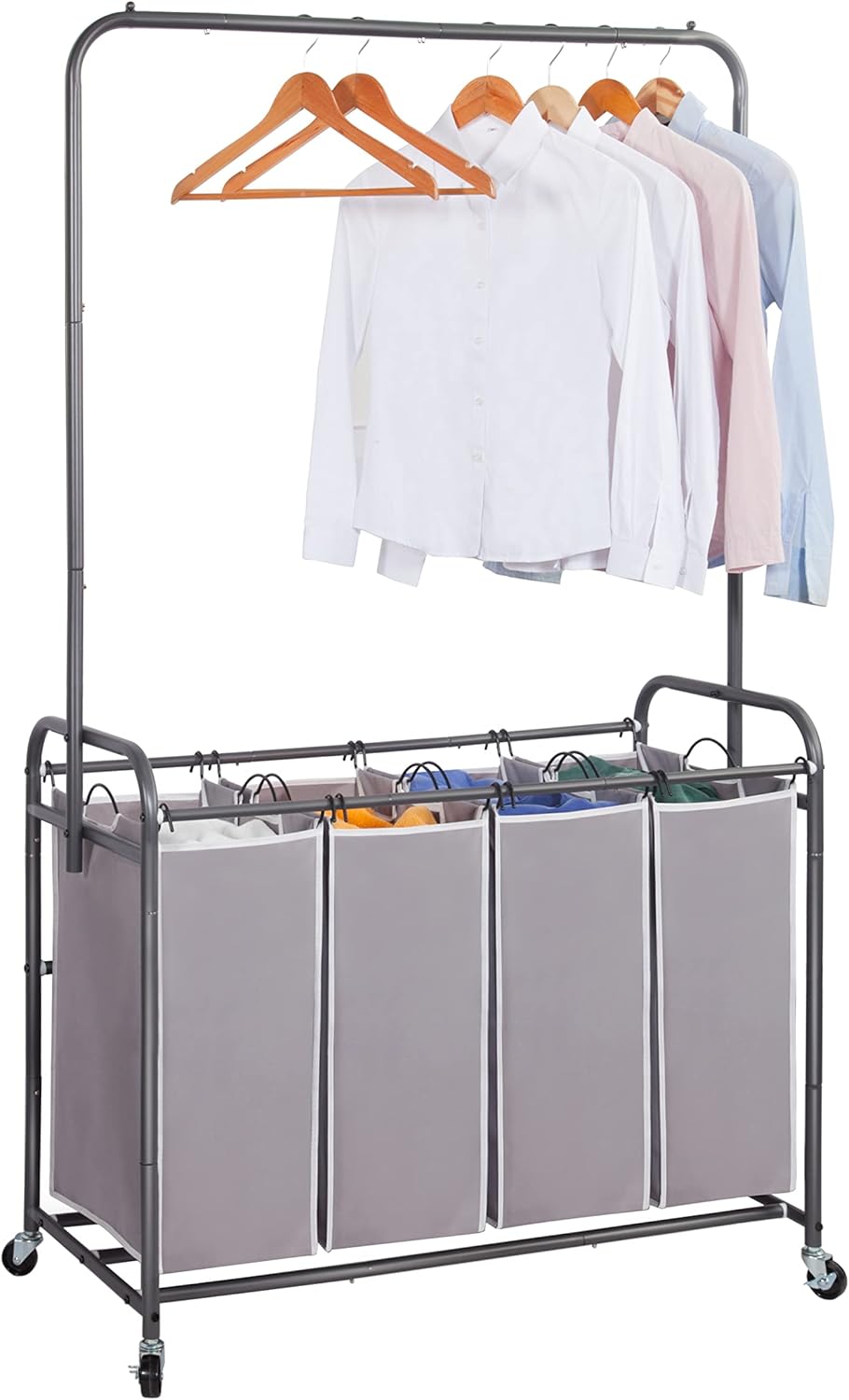 STORAGE MANIAC 181L Laundry Sorter with Hanging Bar, Portable, Removable Laundry Hamper Cart with Heavy Duty Rolling Lockable Wheels and Removable Bags, Rolling Laundry Basket Organizer, 4 Section