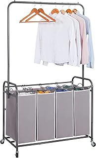 STORAGE MANIAC 181L Laundry Sorter with Hanging Bar, Portable, Removable Laundry Hamper Cart with Heavy Duty Rolling Lockable Wheels and Removable Bags, Rolling Laundry Basket Organizer, 4 Section