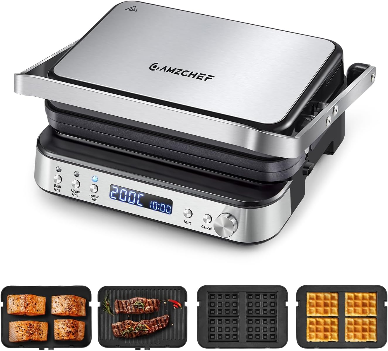 AMZCHEF 4-in-1 Electric Grill, Panini Press Grill, Waffle&Sandwich Toaster, Opens 180° with 4 Non-stick Coated Plates, Adjustable Temperature, LED Indicator, Cool Touch Handle, 2000W - Silver