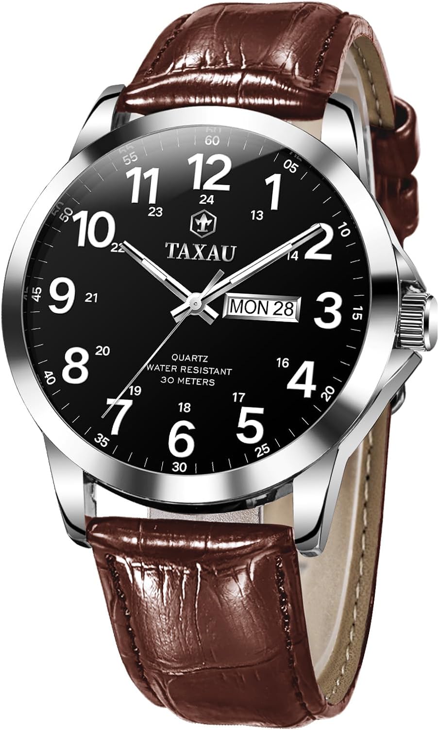 Men’s Dress Watches Waterproof Analog Leather Watch with Day Date Large Arabic Numerals Fashion Casual Classic Man Wrist Watch Brown/Black Band Easy Read Relojes para Hombres