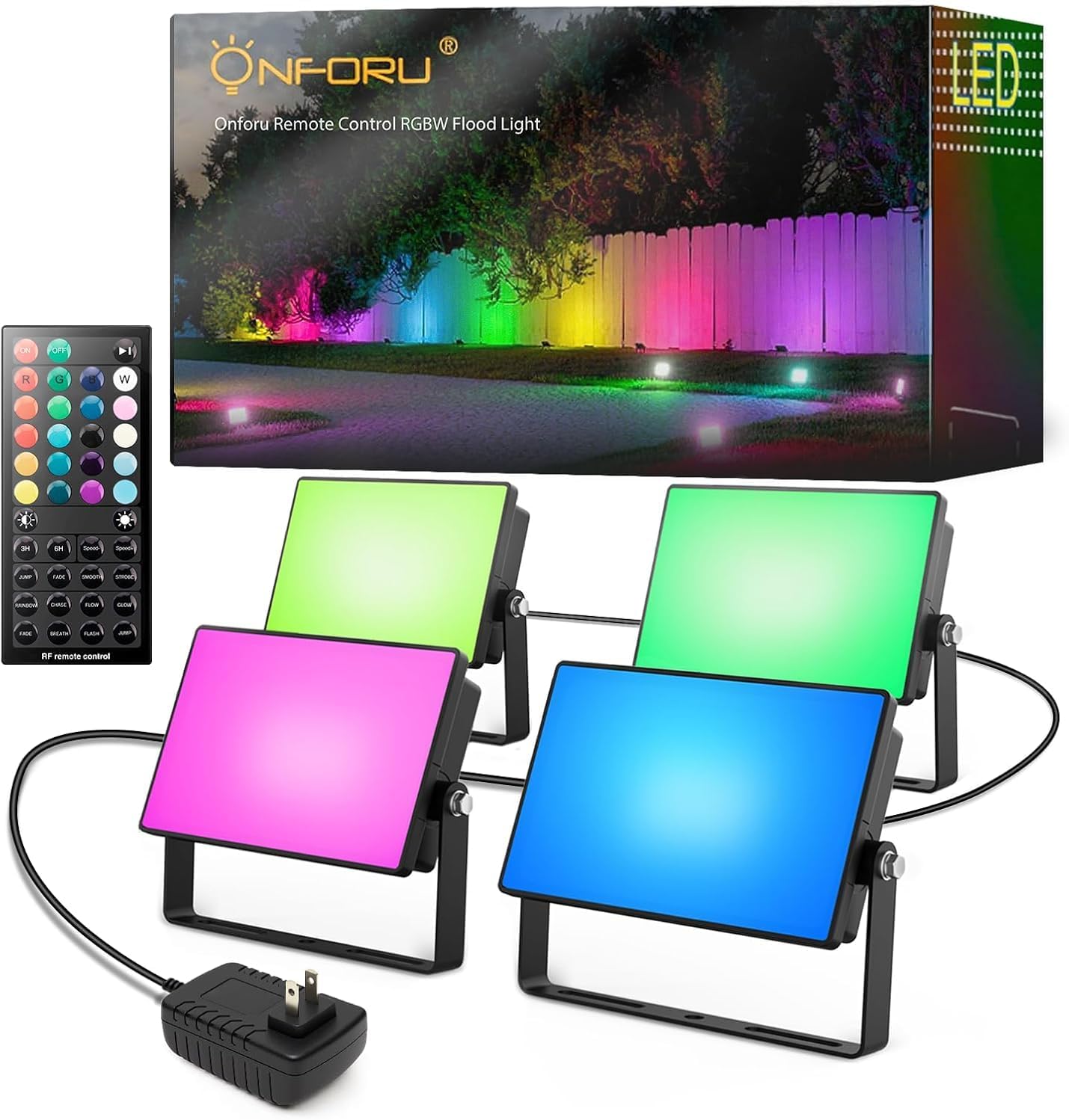 Onforu RGBW Flood Lights Outdoor with Remote, 4 Units in 1 Cord, Plug in