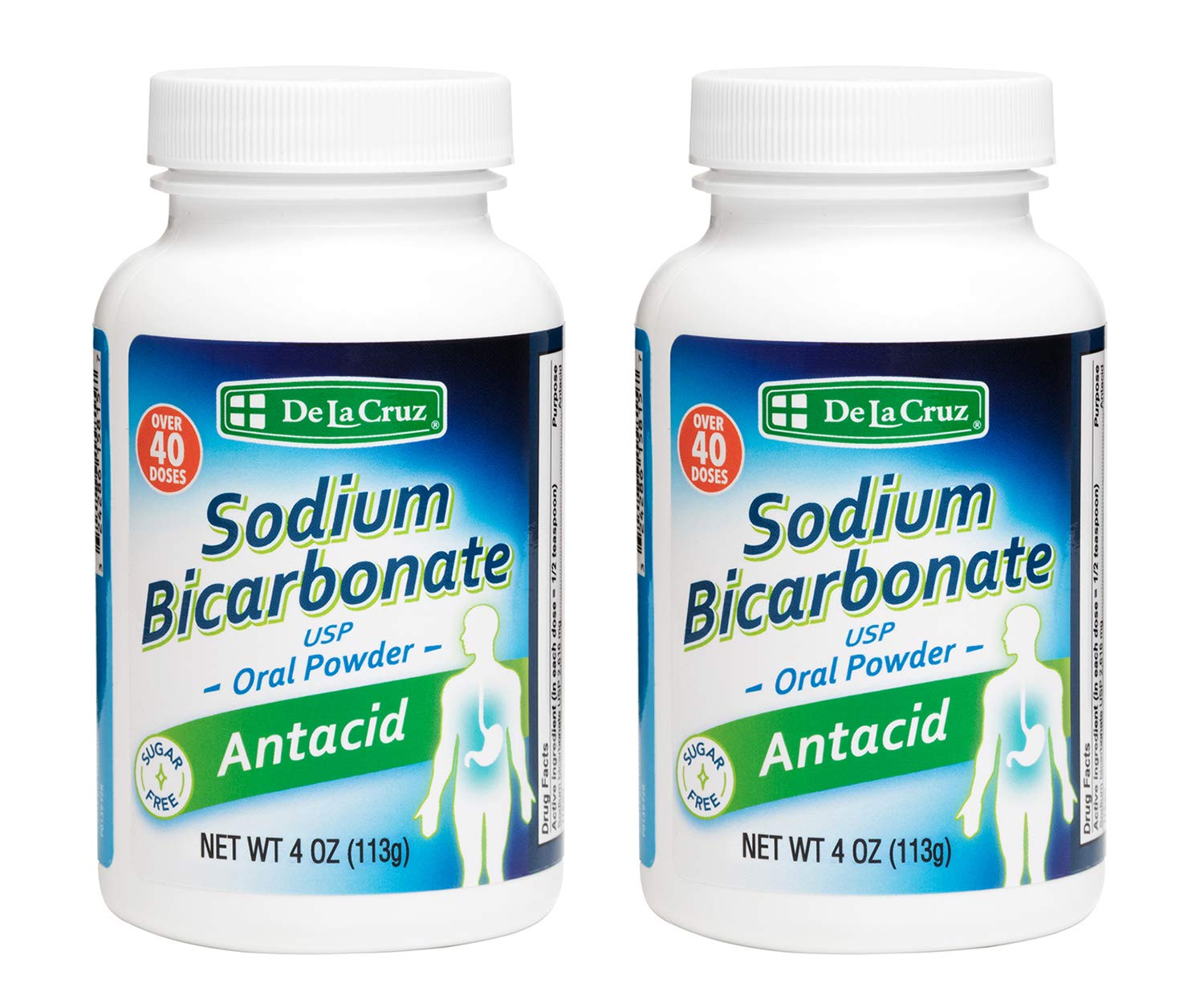 De La Cruz Pure Sodium Bicarbonate - USP Grade Bicarbonate of Soda – 100% Pure Baking Soda – Aluminum Free Antacid Powder for Heartburn & Indigestion - Packed in USA, 4 OZ. (2 Bottles)