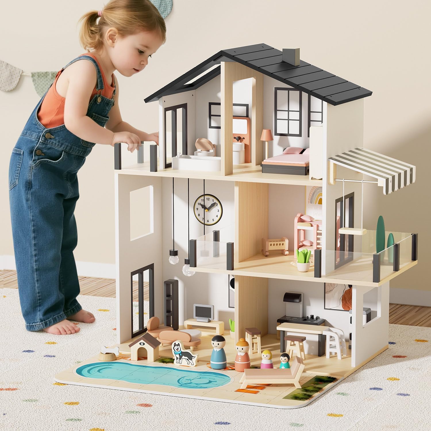 BIERUM Wooden Dollhouse, Large Modern Doll House with 49Pcs Furniture Accessories, Dolls & Pets, DIY Puzzle Pool Yard, Wood Dollhouse Toy for Toddlers 3+, Ideal Gift for Boys and Girls (Black)
