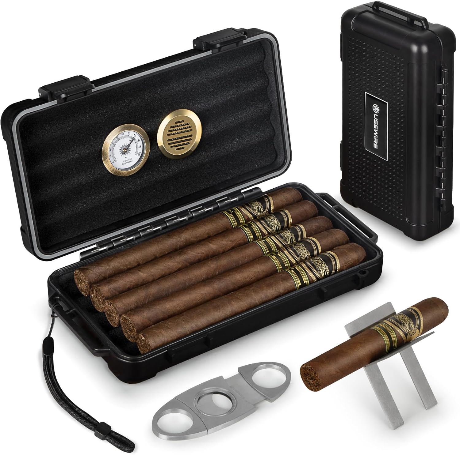 Cigar Humidor, Cigar Travel Humidor, Cigar Case for 4-5 Cigars, with Cigar Holder and Cigar Cutter, Portable Cigar Humidor Travel, Cigar Gifts for Cigar Accessories(Black)