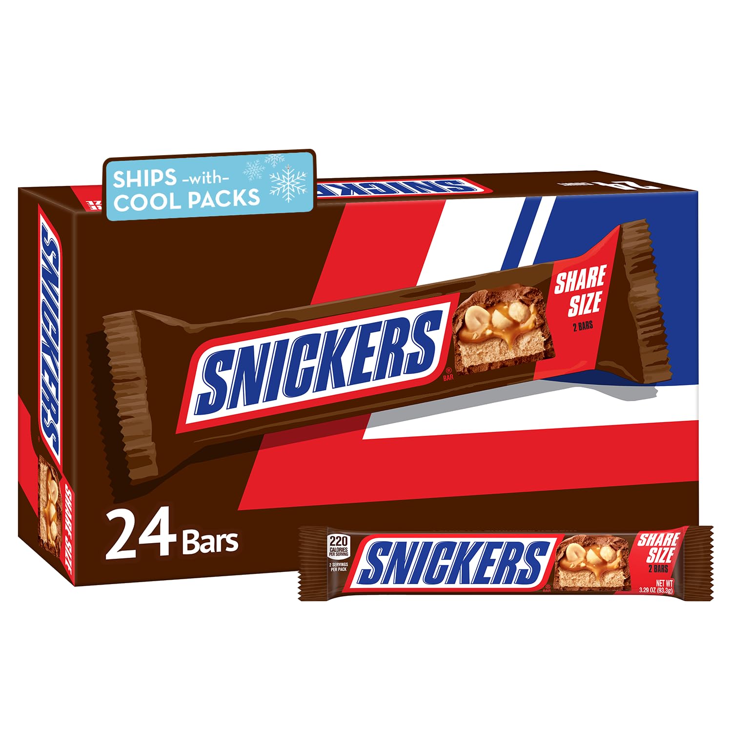 SNICKERS Milk Chocolate Candy Bars - Individually Wrapped Share Size Milk Chocolate Bars, 3.29 oz, Pack of 24 Bulk Box