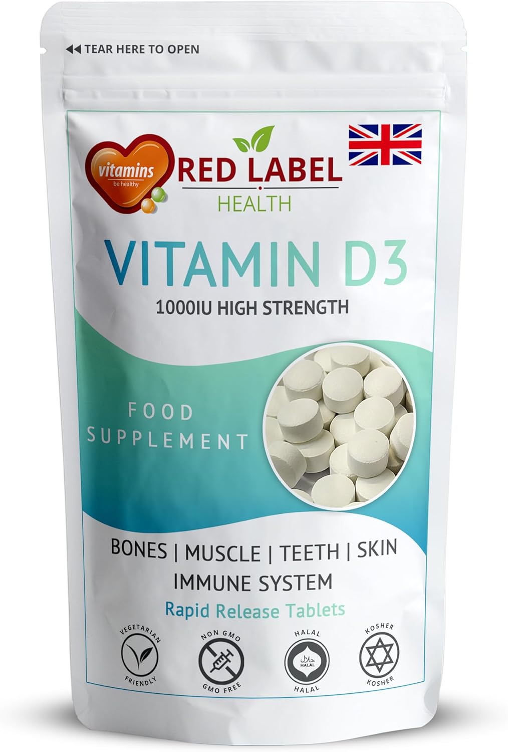 Red Label Health Vitamin D3 1000 IU, Pack of 360 Vitamin D Tablets (1 Year Supply), Healthy Teeth & Bones, Supports Immune System, High Strength Vitamin D Supplement for Men & Women, UK-Made