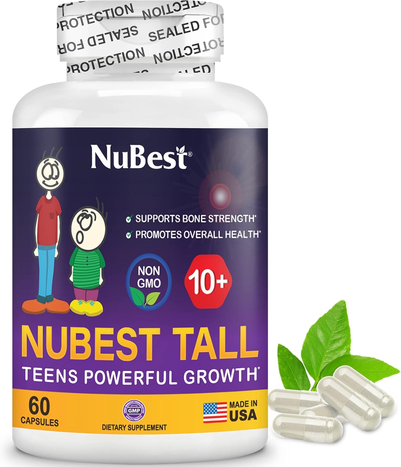 NuBest Tall 10+ Premium Bone Strength Formula, Enhanced Immunity and Overall Health for Age 10+ with Calcium, Vitamin D3, Vitamin K2, and Multivitamins | 60 Capsules | 1 Month Supply