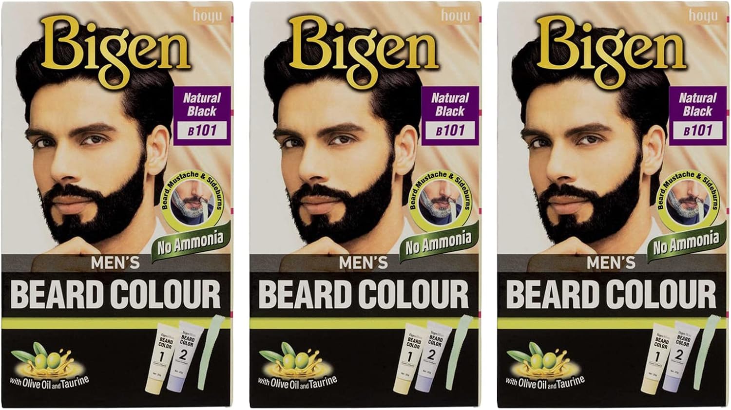 3 x Bigen Men's Beard Colour | No Ammonia Formula with Aloe Extract & Olive Oil - 101 Natural Black