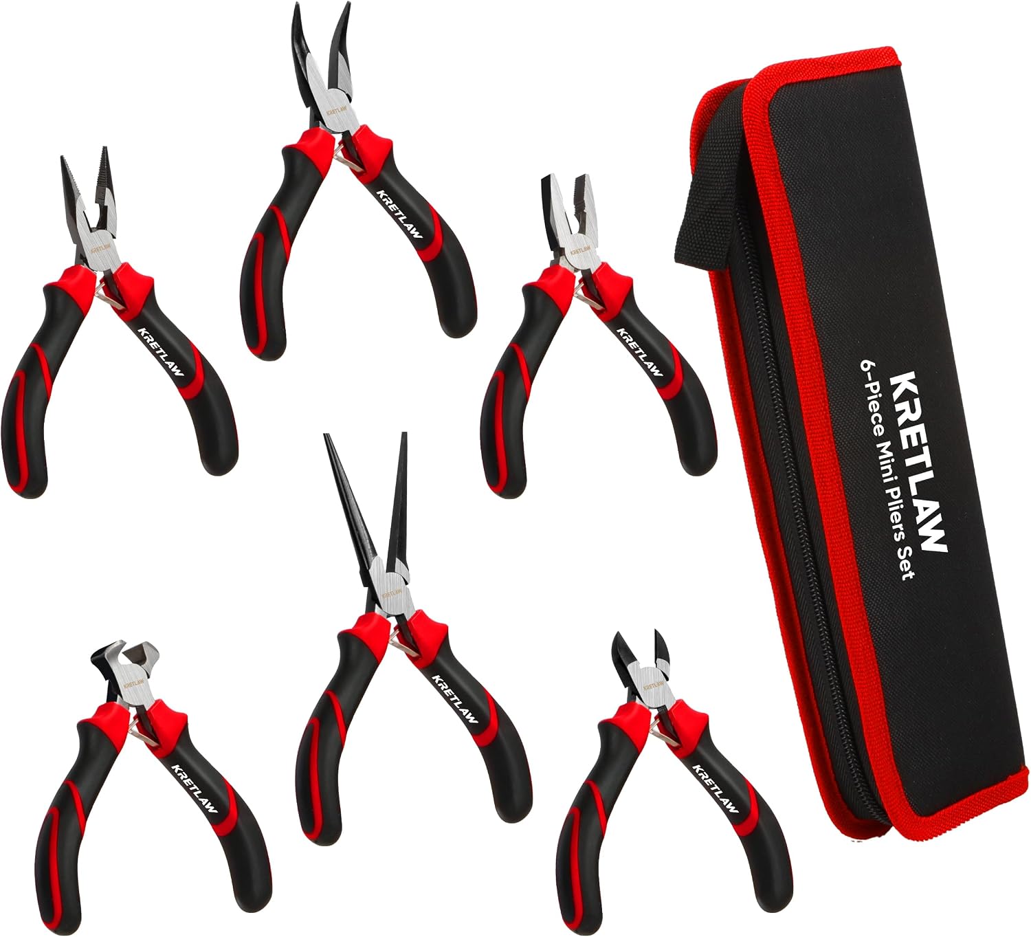 KRETLAW Mini Pliers Set 6Pcs - Needle Nose, Long Nose, Bent Nose, Diagonal, End Cutting and Linesman for DIY, Electronic Repairing & Jewelry with Pouch
