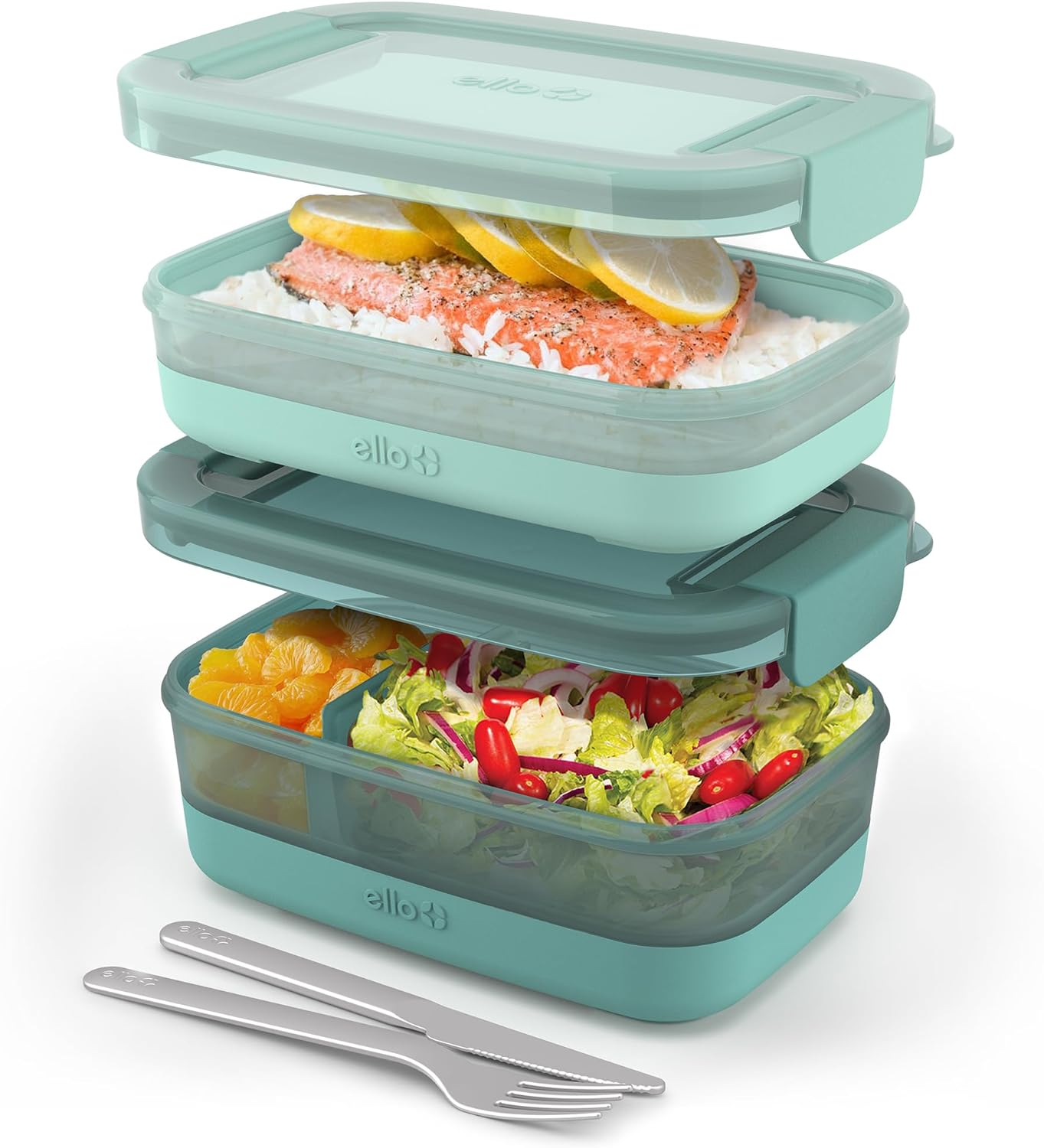 Ello 2-Pack Lunch Stack Plastic Food Storage Container Bento Box with Airtight, Leak-Proof Locking Plastic Lids and Silicone Base, BPA-Free, Freezer, Microwave, and Dishwasher Safe, Mint Chip