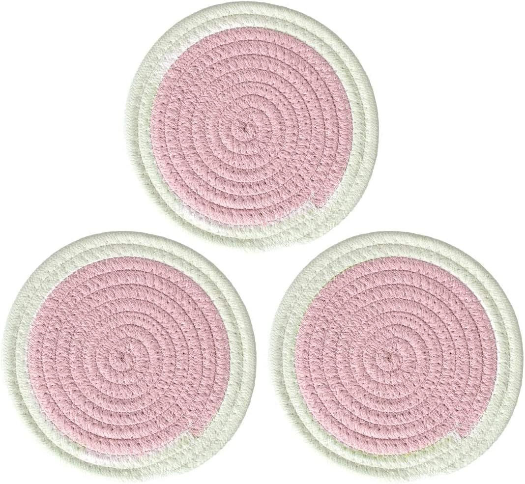 XYWHPGV Set of 3 Round Cotton Thread Weave Heat Resistant Mat 7 inches Dia Placemats/Spoon Rest/Coasters Mats, Kitchen Cooking Dining Baking Mats Pink(529c7 4935b 96ef5 13450 385e4 bad0d