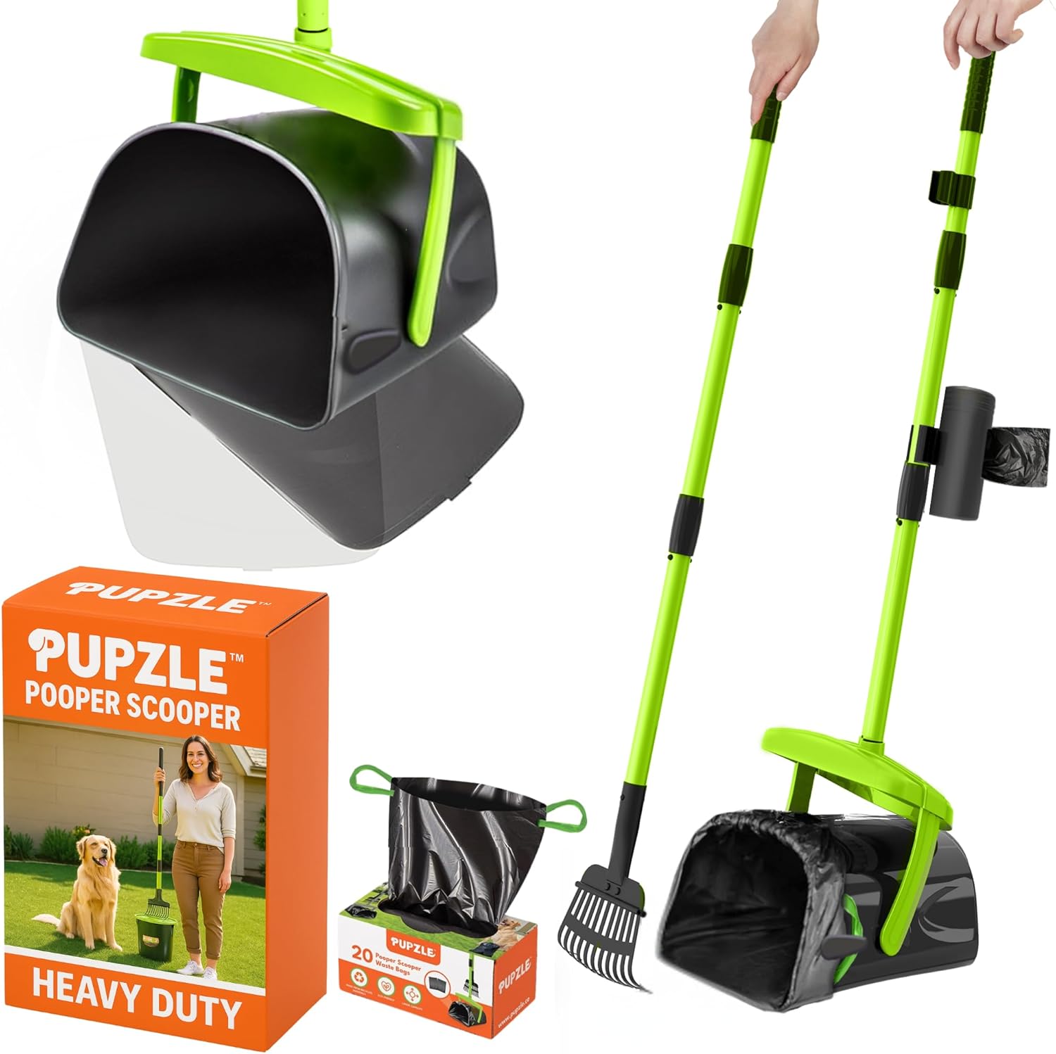 Pupzle Dog Pooper Scooper with Bag Attachment, 40" Long Handle Pooper Scooper for Large Dogs, Dog Poop Scoop for Yard, Large Capacity Swivel Bin and Rake, Lavender Scented Bags (Green)