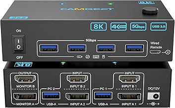 4K@144Hz KVM Switch 2 Monitors 2 Computers 8K@60Hz,Camgeet HDMI and Displayport Dual Monitor KVM Switch with 4 USB 3.0 Port for Keyboard Mouse Printer,Wired Remote,Power Adapter and USB Cable Included