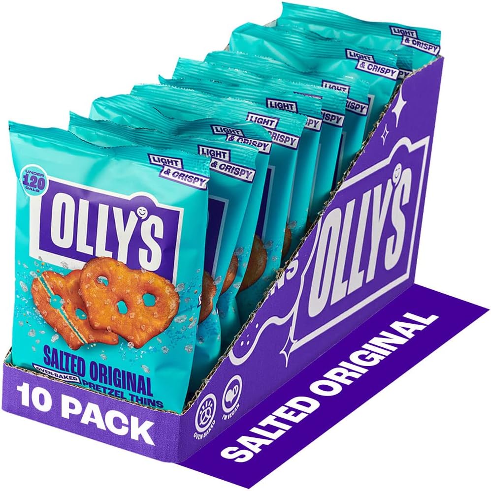 Olly's Pretzel Thins, Original Salted, 35g (Pack of 10), Handy Snack Pouches, Healthy Plant-Based Vegan Snacks for Dipping, Low Calorie Snacks, Low Fat, Source of Fibre, No Preservatives