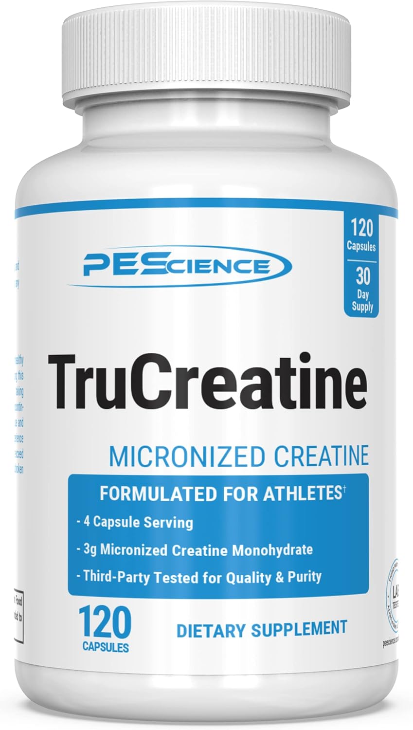 PEScience TruCreatine Creatine Pills, Easy-to-Take Creapure Creatine Capsules, Monohydrate, for Men & Women, Supports Muscle Growth, Strength & Recovery, Cognition, 3g Per Serving, 120 Capsules